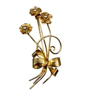 Vintage Gold Tone Flower Bouquet Brooch Grey Faux Pearl Floral Pin Bow Accent 3"